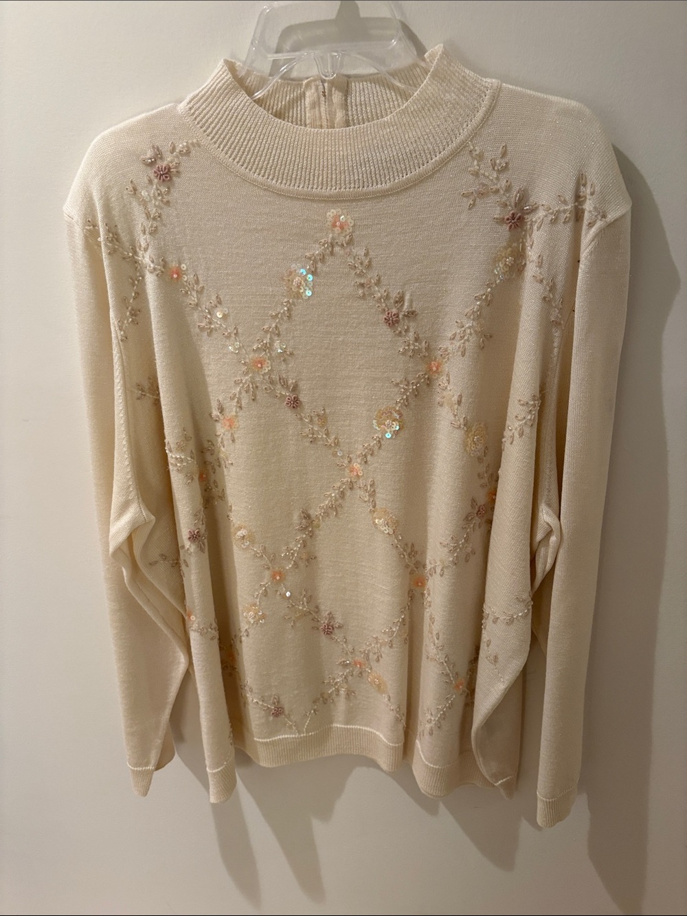 Alfred Dunner Cream Embellished Cowl Neck Sweater